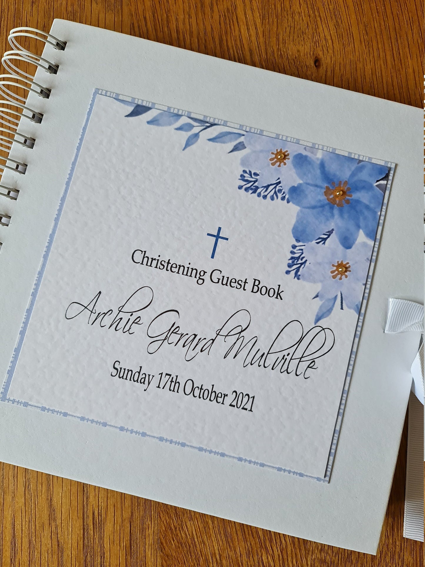 Personalised Blue Floral Christening Guest Book