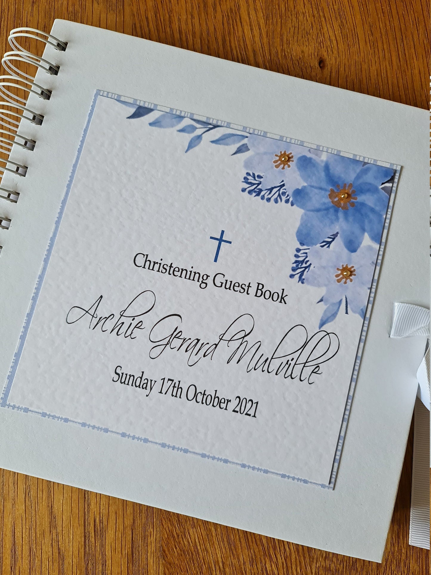 Personalised Blue Floral Christening Guest Book
