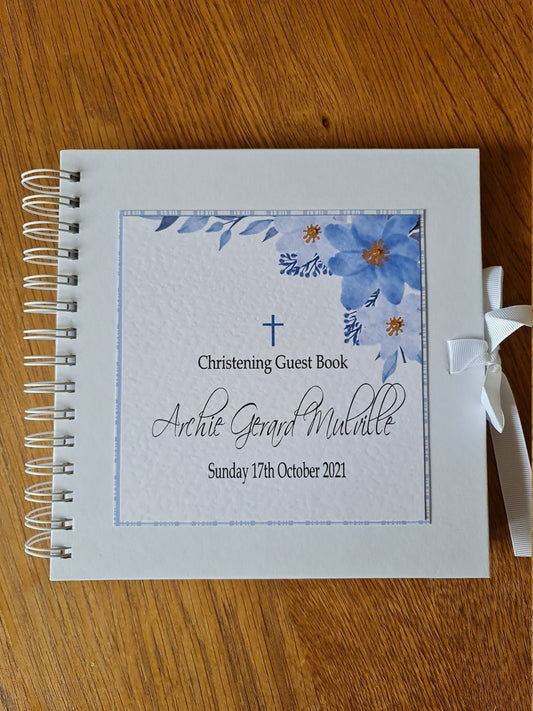 Personalised Blue Floral Christening Guest Book